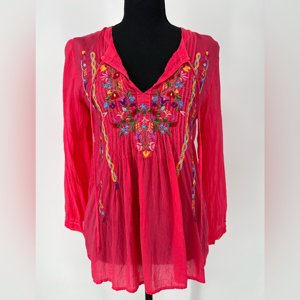JOHNNY WAS BOHO CHIC VIBRANT‎ EMBROIDERED VINTAGE INSPIRED SILHOUETTE BLOUSE